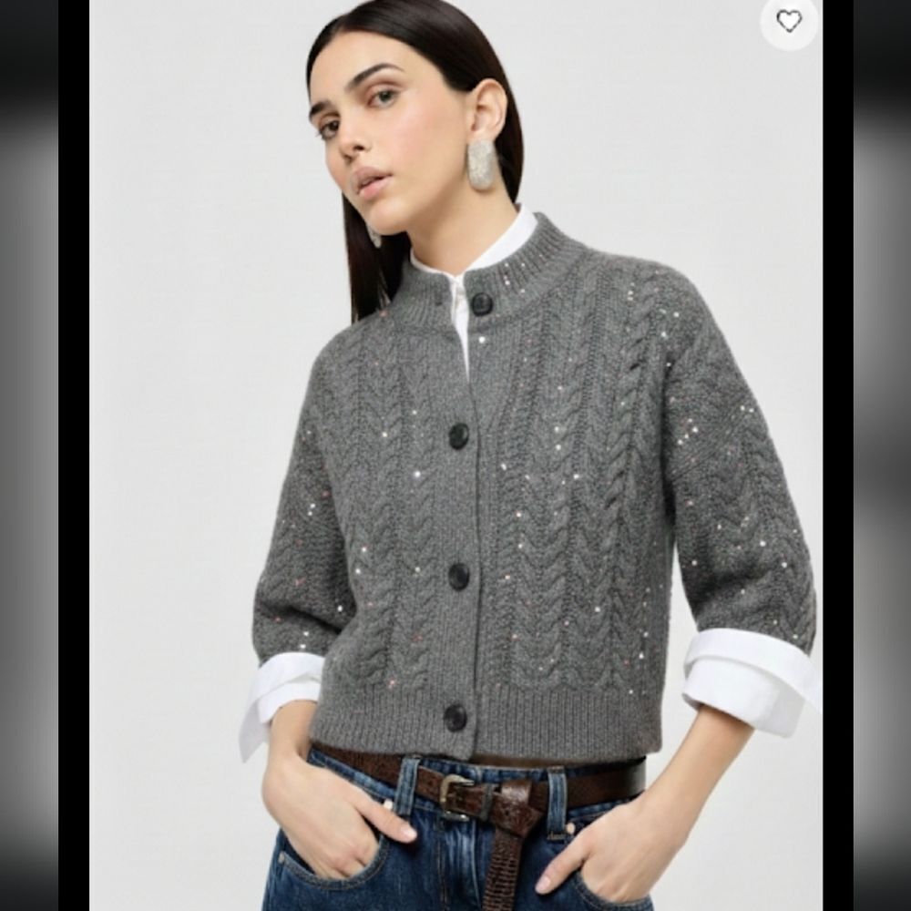 Something Navy Charcoal Gray Embroidered Cable Knit Embellishments Cardigan